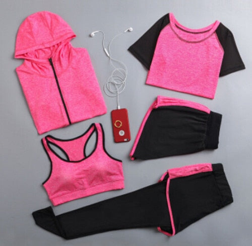 5 Pieces set women hooded coats+t shirt+bra+shorts+pants