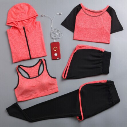 5 Pieces set women hooded coats+t shirt+bra+shorts+pants